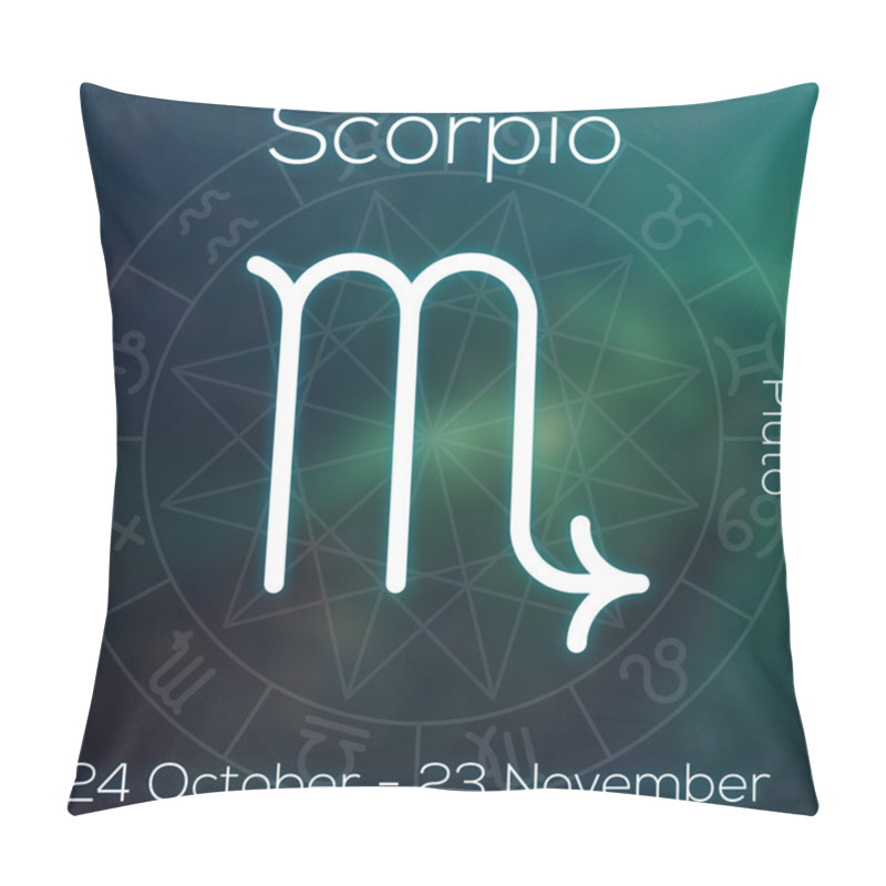 Personality  Zodiac Sign - Scorpio. White Line Astrological Symbol With Caption, Dates, Planet And Element On Blurry Abstract Background With Astrology Chart. Pillow Covers