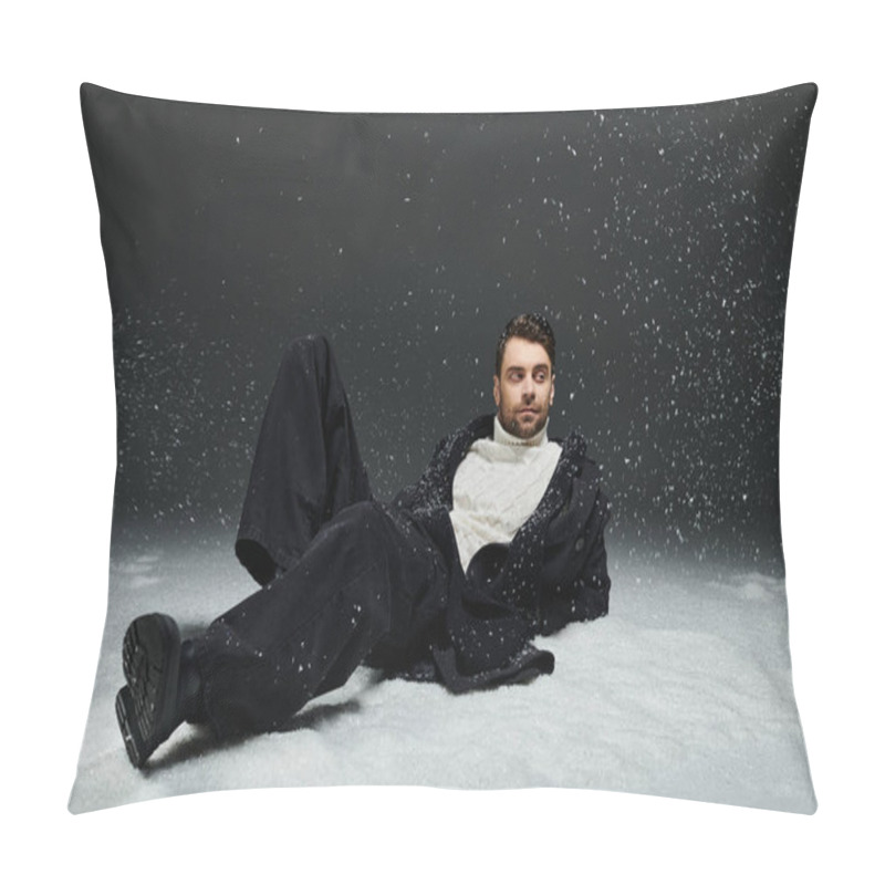 Personality  A Handsome Young Man Lounges Peacefully In A Snowy Setting, Showcasing Modern Winter Attire. Pillow Covers