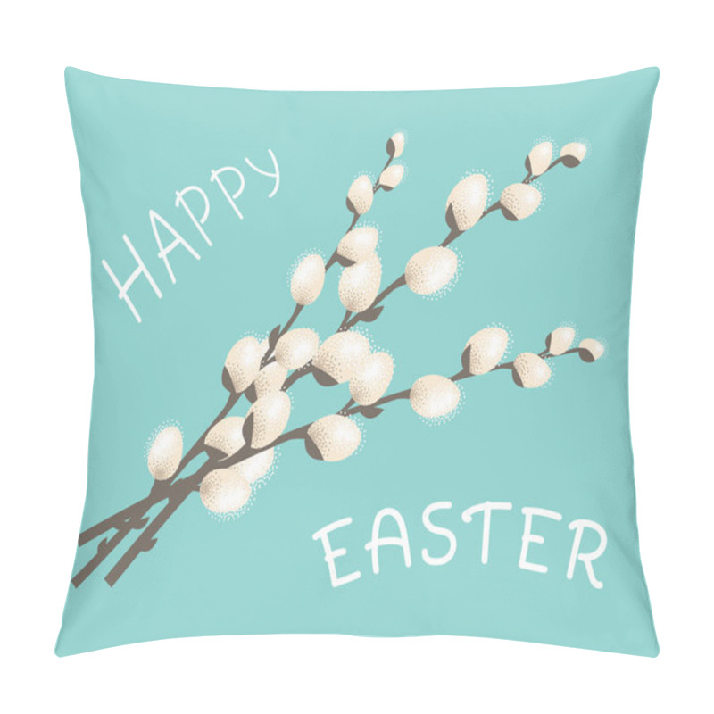 Personality  Spring Twigs Willow Tree Blossom. Happy Easter Greeting Card. Vector Illustration In Flat Style On A Blue Background. Pillow Covers