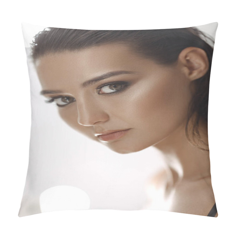 Personality  Portrait Of Beautiful Woman On White. Skin Care And Cosmetics Concept Pillow Covers