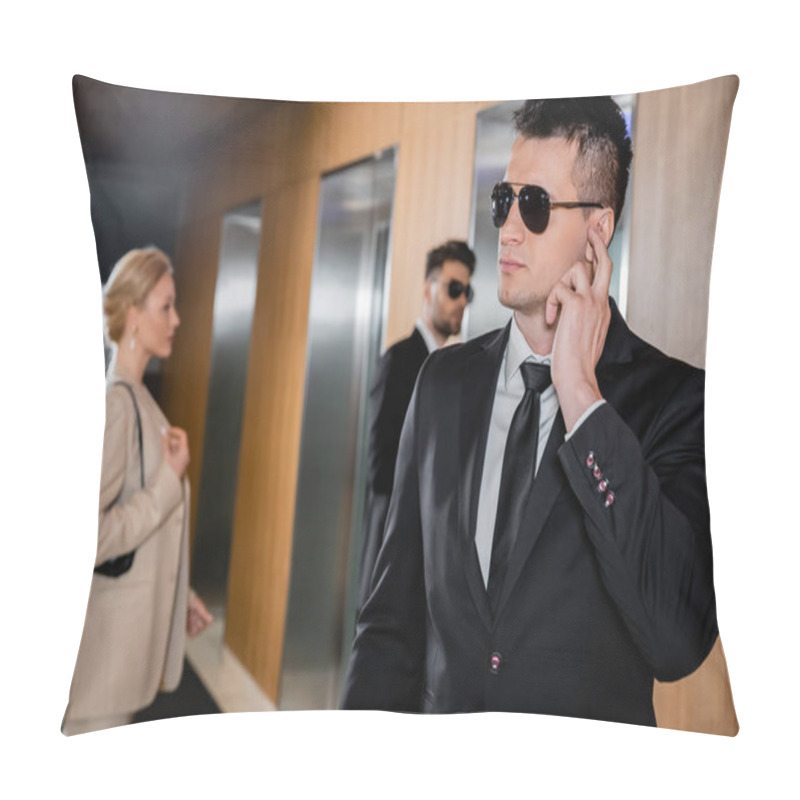 Personality  Bodyguard Service, Personal Protection, Blonde Woman In Formal Wear Standing Near Elevators, Security Personnel Protecting Successful Businesswoman In Hotel, Handsome Man With Earpiece  Pillow Covers