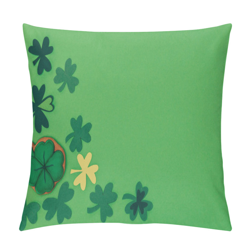 Personality  Top View Of Gingerbread In Shape Of Shamrock And Paper Shamrock Isolated On Green, St Patricks Day Concept Pillow Covers