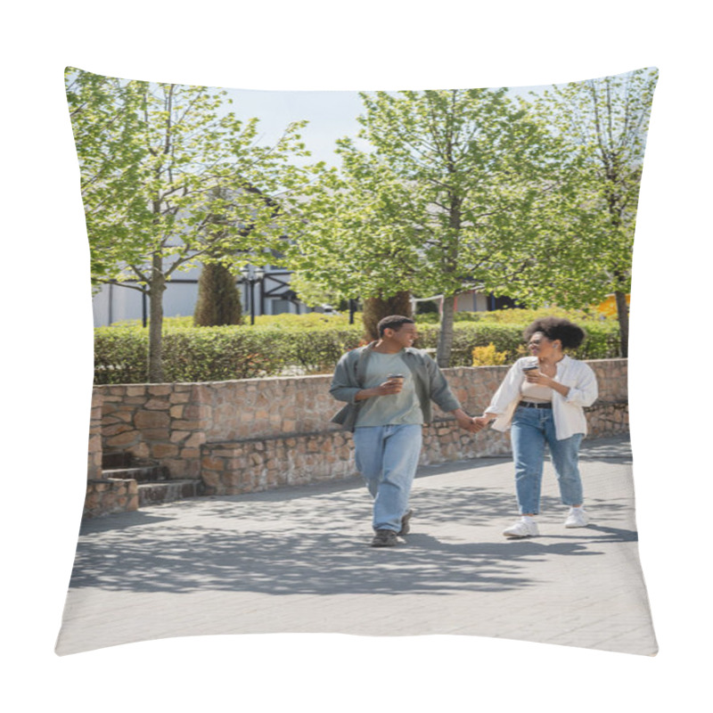 Personality  Smiling African American Couple Holding Hands And Coffee To Go While Walking On Urban Street Pillow Covers