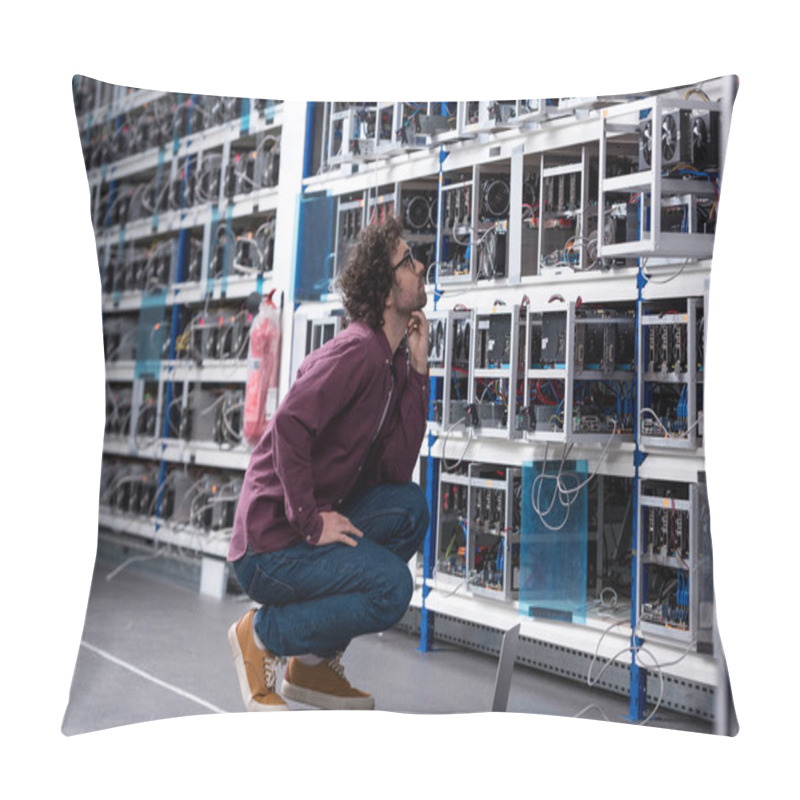 Personality  Young Computer Engineer Sitting On Floor And Looking At Cryptocurrency Mining Farm Pillow Covers