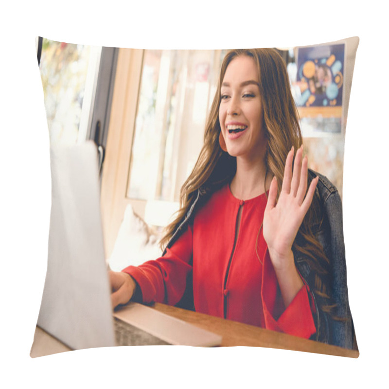 Personality  Cheerful Blogger Waving Hand While Having Video Call On Laptop  Pillow Covers