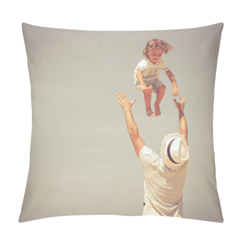 Personality  Father And Son Playing On The Beach At The Day Time Pillow Covers