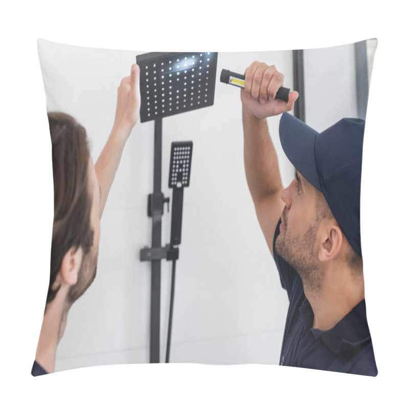 Personality  Plumber Checking Shower Head In Bathroom With Flashlight Pillow Covers