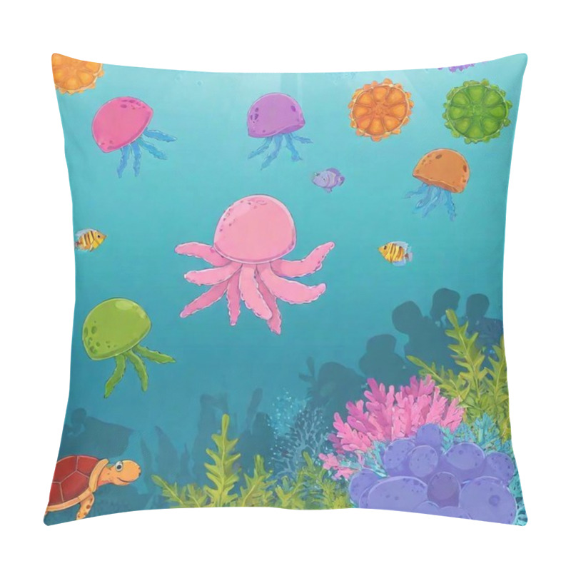 Personality  Cartoon Sea Creatures Underwater, Childish Illustration  Pillow Covers