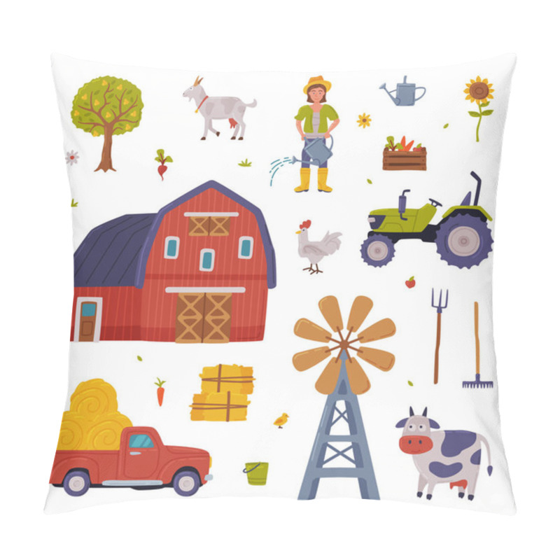 Personality  Rural Building And Agricultural Objects Collection, Farmhouse, Windmill, , Livestock Animals, Agriculture And Farming Concept Cartoon Style Vector Illustration Pillow Covers