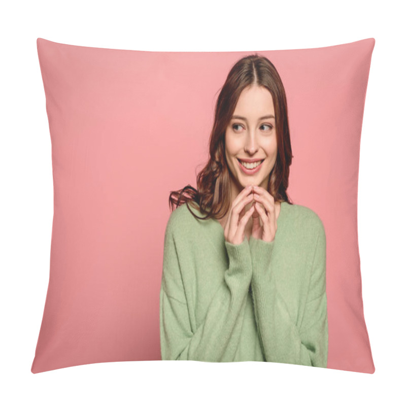 Personality  Curious Girl Looking Away While Holding Joined Fingers Near Face On Pink Background Pillow Covers