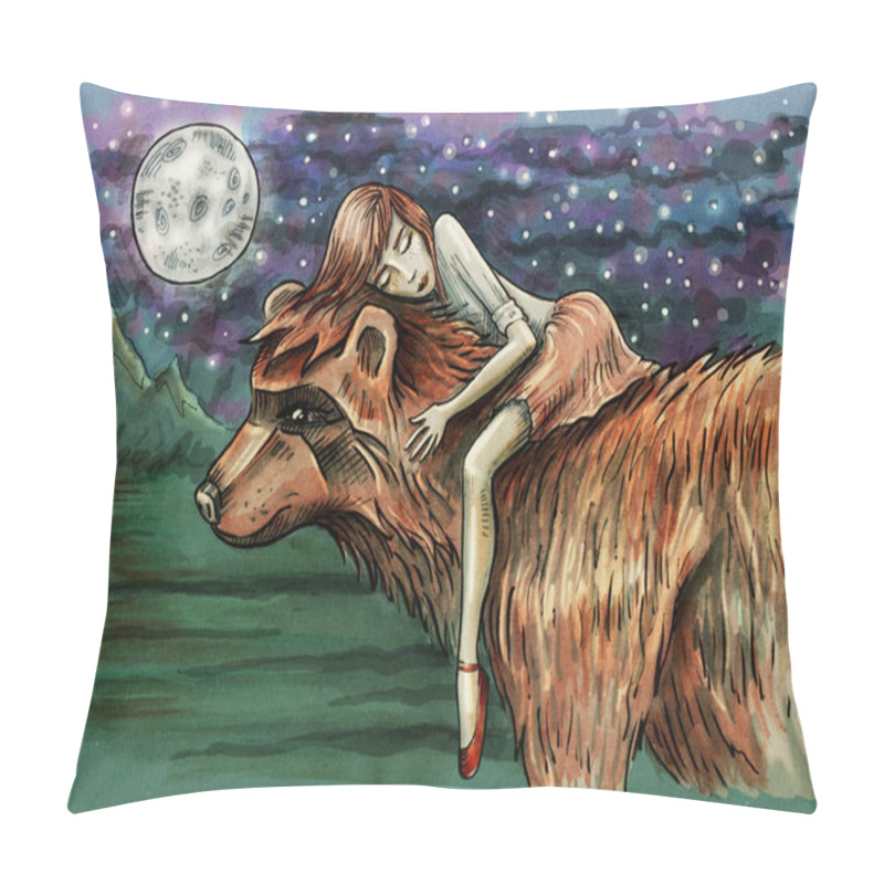 Personality  Little Girl Sleeping On A Bear. Fantasy Night Scene. Hand Drawn Illustration Digitally Colored Pillow Covers