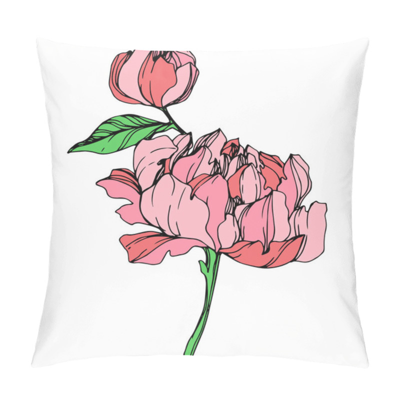 Personality  Vector Isolated Pink Peonies With Green Leaves On White Background. Engraved Ink Art.  Pillow Covers