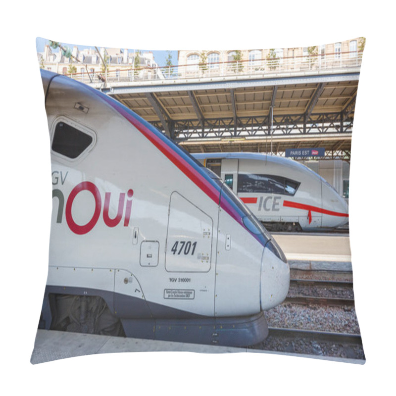 Personality  Paris, France - July 23, 2019 French TGV And German ICE High-speed Train Deutsche Bahn DB Paris Est Railway Station In France. Pillow Covers