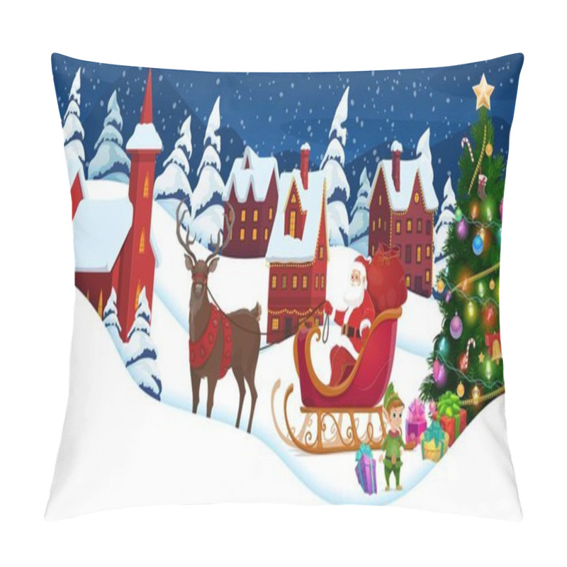 Personality  Christmas Paper Cut Snowy Town, Presents On Snow, Santa On Sleigh And Pine Tree. Cartoon Vector 3d Papercut Art With Funny Father Noel Sitting In Deer Sled On Night Street With Cottages At Xmas Eve Pillow Covers