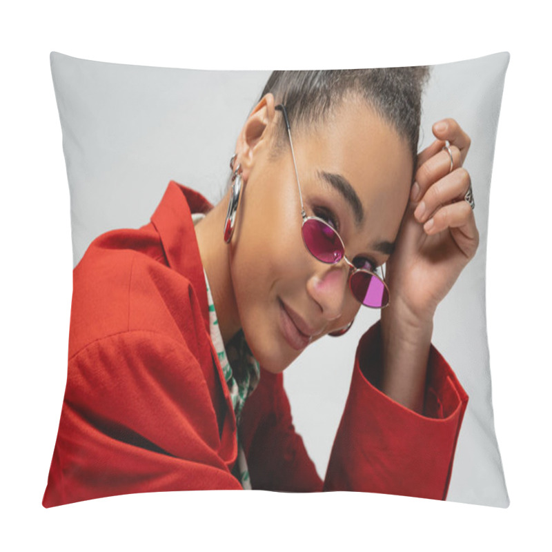 Personality  Portrait Of Positive African American Model In Stylish Attire And Pink Sunglasses On Grey Backdrop Pillow Covers