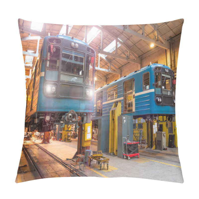 Personality  Passenger Locomotives Of The Underground Metro Raised On Jacks With Headlights On In The Depot, Maintenance And Replacement Of Engines And Wheelsets, Bogies Pillow Covers