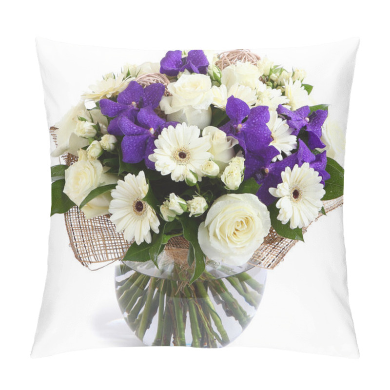 Personality  Floral Composition In Transparent Vase: White Roses, Violet Orchids, White Gerbera Daisies, Green Peas. Isolated On White. Floristic Composition, Design Bouquet, Floral Arrangement. Purple Orchids. Pillow Covers