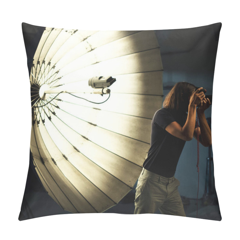 Personality  Young Photographer Standing In Front Of A Reflective Umbrella Pillow Covers