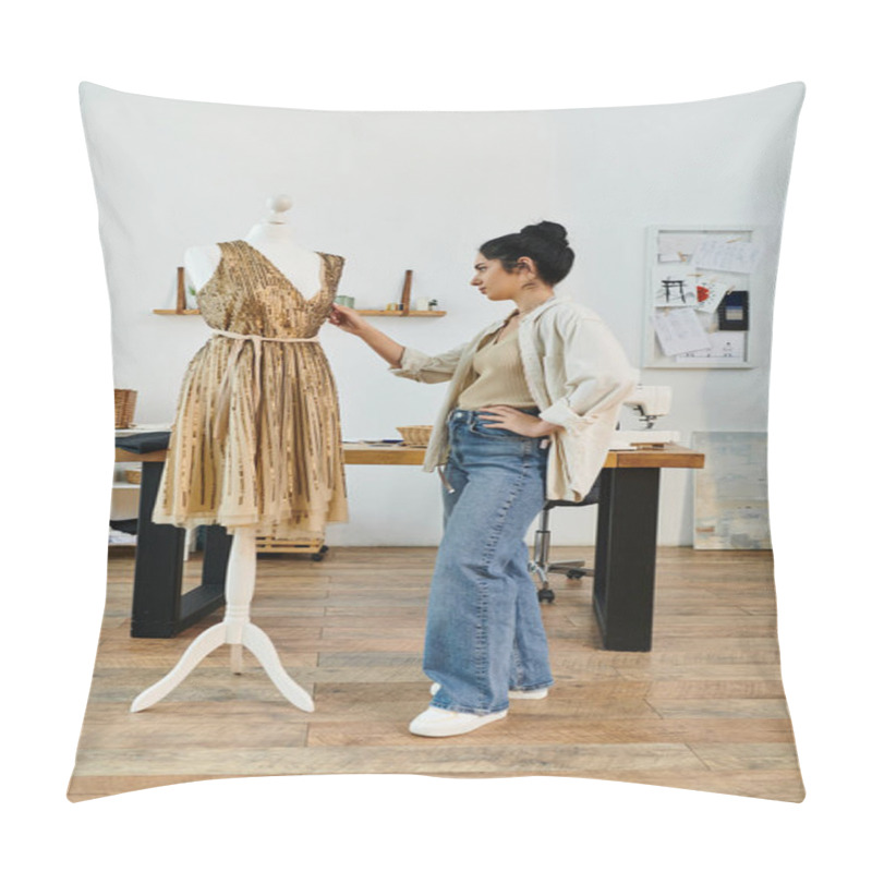 Personality  Young Woman In Casual Attire Upcycling Clothes, Admiring A Dress On A Mannequin. Pillow Covers