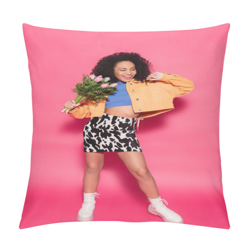 Personality  Full Length Of Happy African American Woman Holding Bouquet Of Flowers On Pink  Pillow Covers