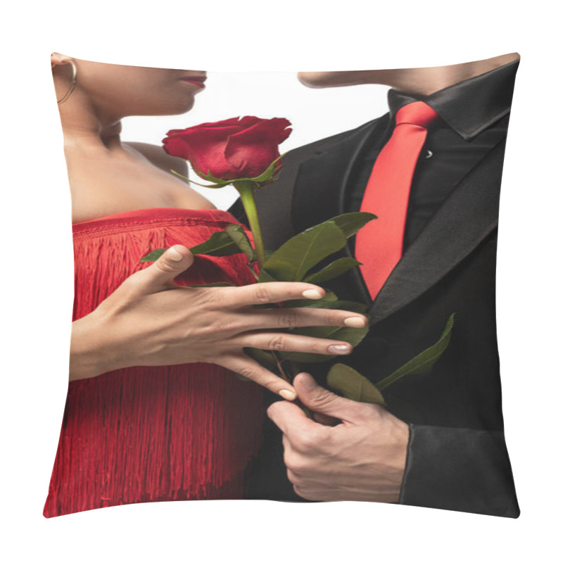 Personality  Cropped View Of Dancer Gifting Red Rose To Partner While Performing Tango Isolated On White Pillow Covers