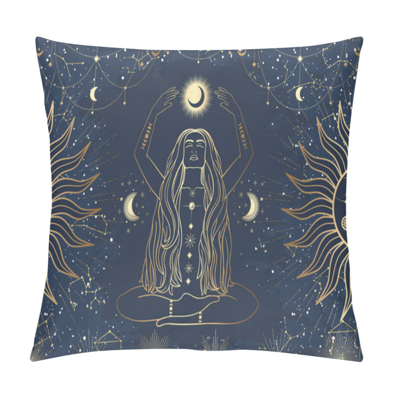 Personality  Hand Drawn Card Of Golden Mystical Woman With Sun, Moon, Star In Line Art. Constellation Celestial Space. Spiritual Abstract Symbol, Esoteric Talisman. Magic Space Galaxy, Vector Sketch Illustration Pillow Covers