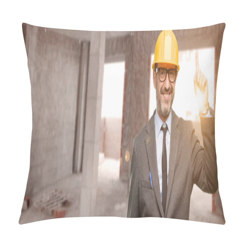 Personality  Senior Architect Or Engineer Raising Finger, The Number One At Unfinished Building Pillow Covers