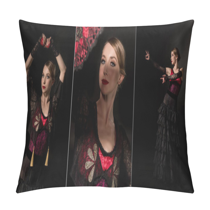 Personality  Collage Of Pretty Flamenco Dancer Holding Castanets And Fan While Dancing  Isolated On Black  Pillow Covers