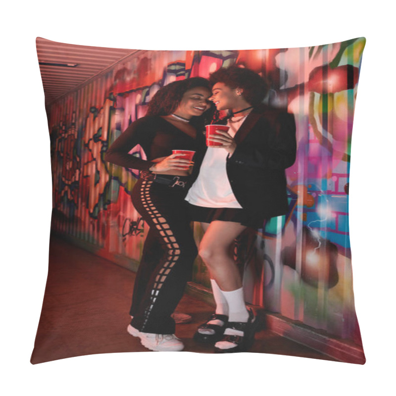 Personality  Two Friends Share A Moment Of Laughter, Holding Drinks In A Lively Setting Filled With Color. Pillow Covers