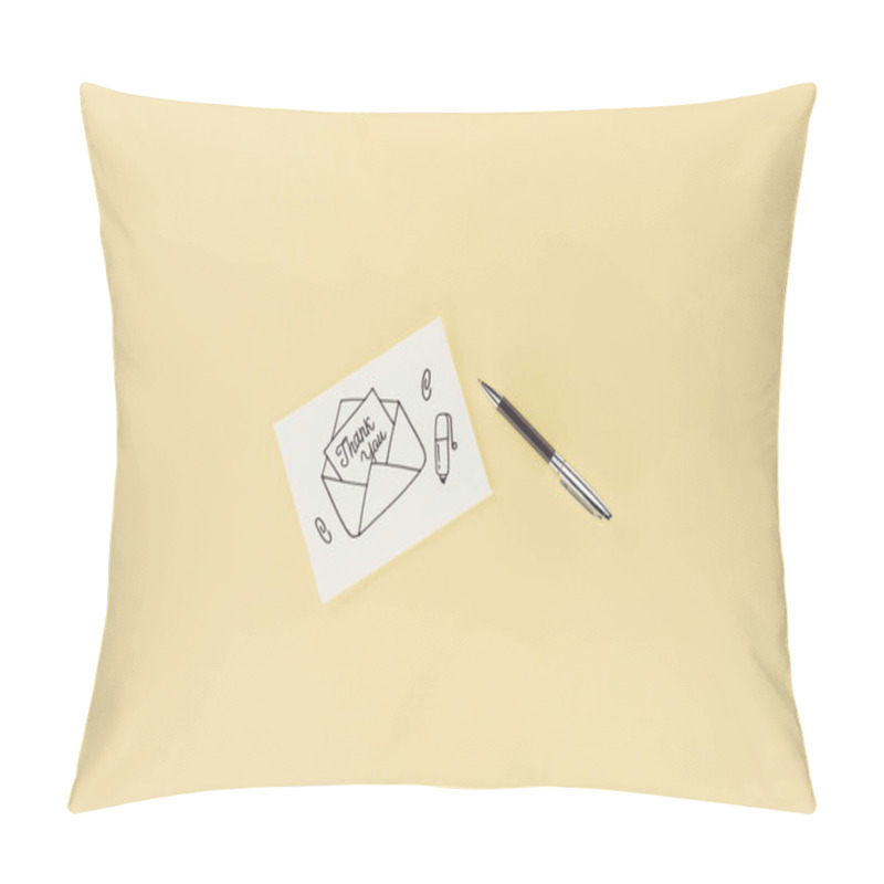 Personality  White Card With Thank You Lettering Sticking Out Of Hand Drawn Envelope And Pen Isolated On Yellow Background Pillow Covers