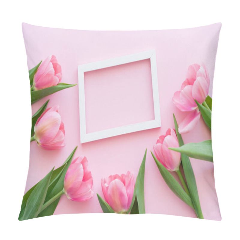 Personality  Flat Lay Of Blossoming Tulips With Green Leaves Near Frame On Pink, Mothers Day Concept  Pillow Covers