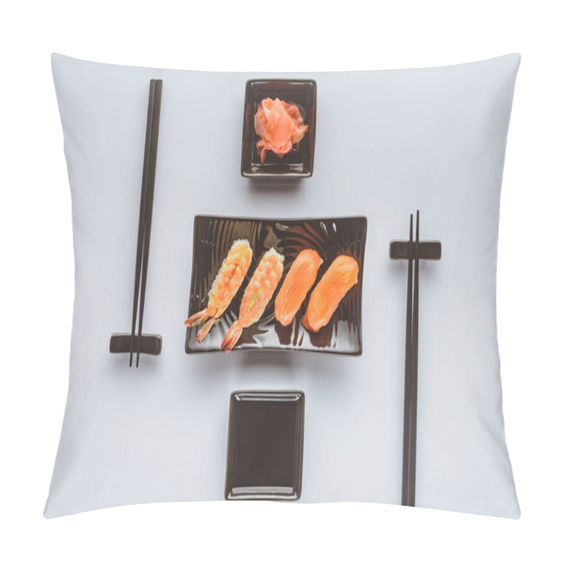 Personality  Gourmet Sushi With Salmon And Shrimp, Ginger And Chopsticks Isolated On White     Pillow Covers