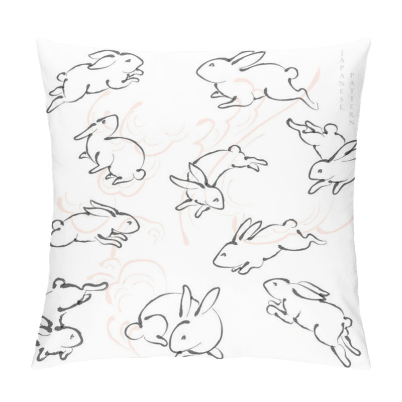 Personality  Rabbit Icon Collection With Hand Drawn Line Cloud Elements In Japanese Style. Chinese Painting Brush Stroke With Watercolor Texture In Vintage Style. Pillow Covers