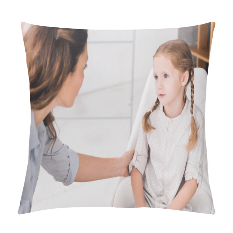 Personality  Close-up Shot Of Adult Psychologist Talking With Little Patient In Office Pillow Covers