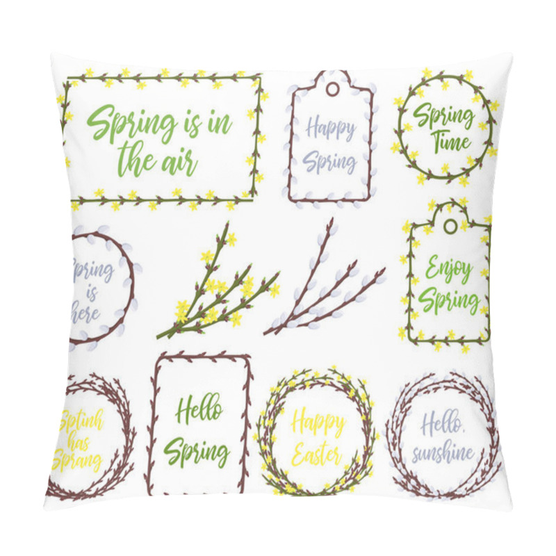 Personality  Calligraphy Quote Hello Spring With Willow Branches Circle Wreath Or Frame. Handwritten Lettering On White Background Isolated, Modern Brush Pen Lettering Vector Illustration Stock Vector. Pillow Covers