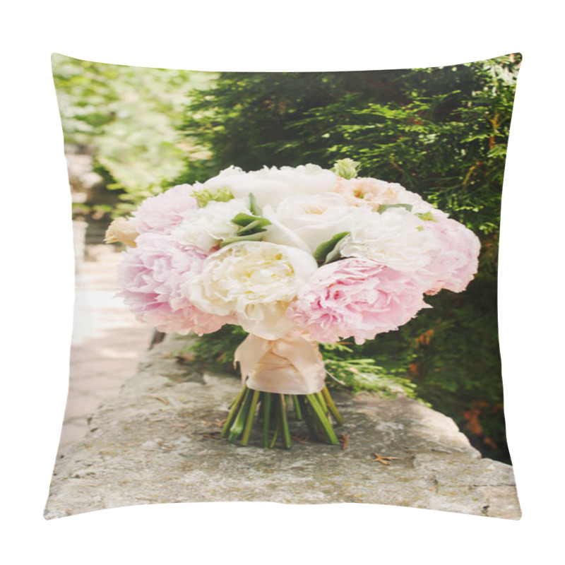 Personality  Classic Wedding Bouquet With Tender Flowers Stands On Stone Pillow Covers