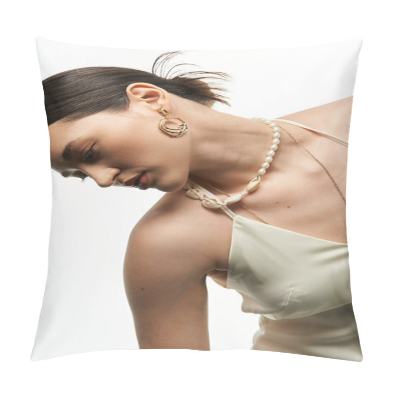 Personality  A Young Brunette Woman Showcases Delicate, Elegant Jewelry Against A White Backdrop, Capturing The Essence Of Beauty And Fashion. Pillow Covers