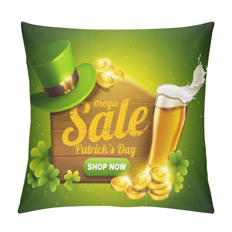 Personality  St. Patrick's Day Sale Popup Ads With Green Leprechaun Hat, Golden Coins And Beer In 3d Illustration Pillow Covers