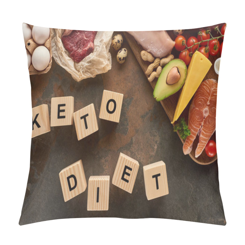 Personality  Top View Of Raw Meat And Fish Near Eggs, Cheese, Tomatoes, Avocado And Peanuts On Marble Surface With Wooden Cubes Keto Diet Inscription Pillow Covers