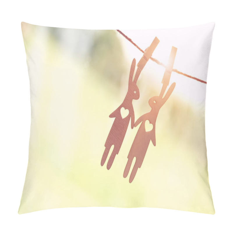 Personality  Cute Couple Of Wooden Hares In Love Hanging On Rope With Pin. Symbol Of Love And Romance Pillow Covers