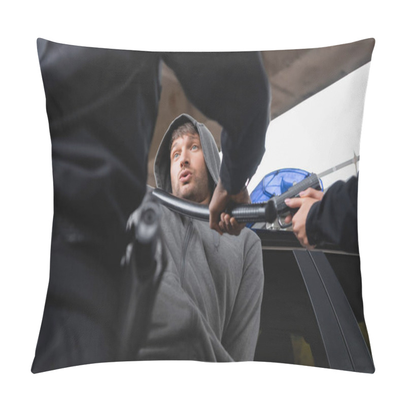 Personality  Hooded Offender Looking At African American Policeman With Truncheon Near Policewoman Aiming By Pistol On Blurred Foreground Outdoors Pillow Covers