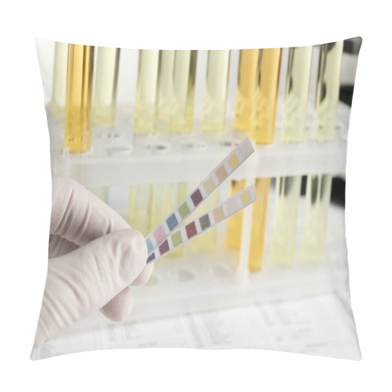 Personality  Nurse Holding Tube With Urine Sample For Analysis At Table, Closeup Pillow Covers