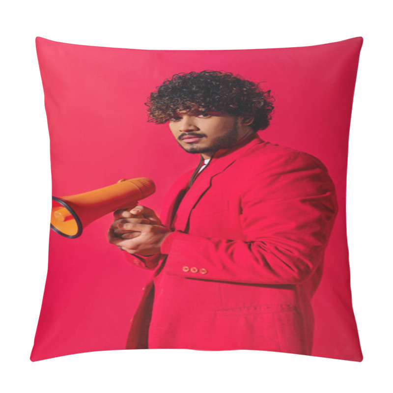 Personality  Young Indian Man In Red Suit Holding Red And Yellow Megaphone. Pillow Covers