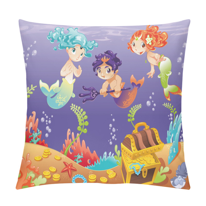 Personality  Baby Sirens And Baby Triton With Background. Pillow Covers