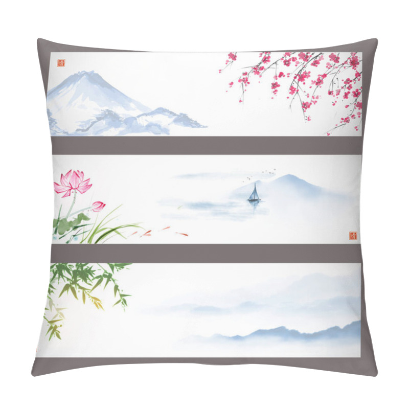 Personality  Three Banners With Mountains, Sakura Blossom, Bamboo And Lotus Flowers. Traditional Oriental Ink Painting Sumi-e, U-sin, Go-hua. Hieroglyph - Clarity Pillow Covers