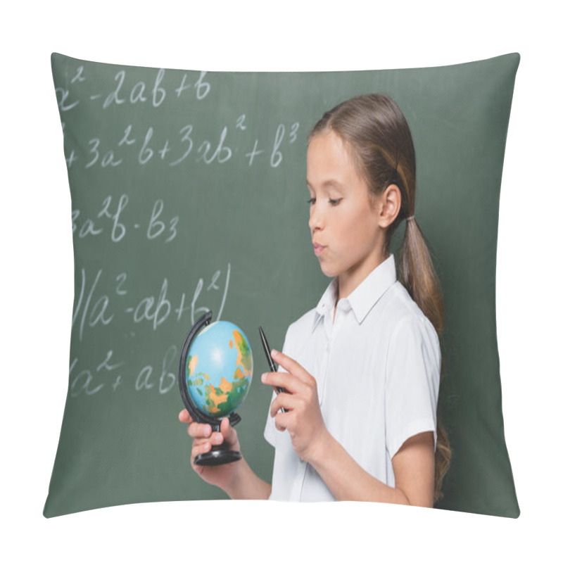 Personality  Thoughtful Schoolkid Holding Pen While Looking At Globe Near Chalkboard Pillow Covers