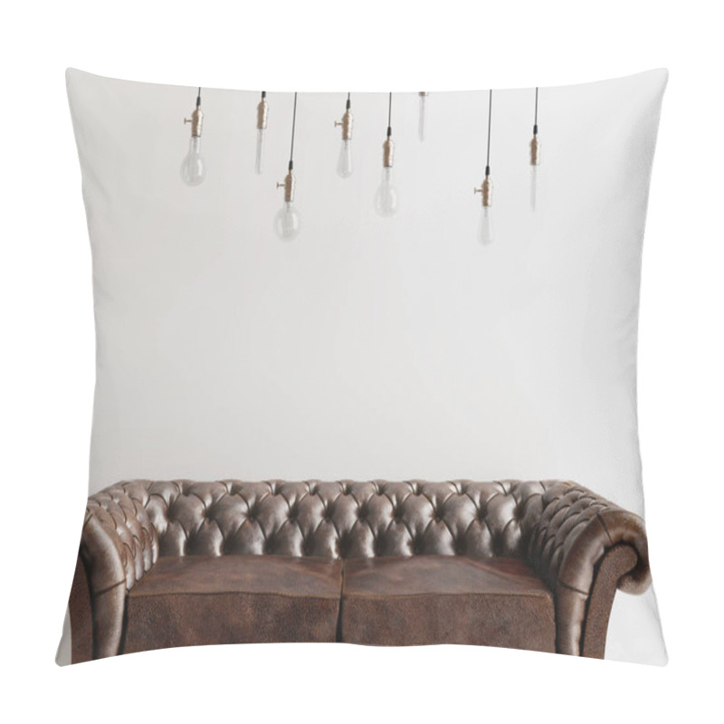 Personality  Brown Leather Sofa With Light Bulbs Hanging From Ceiling  Pillow Covers