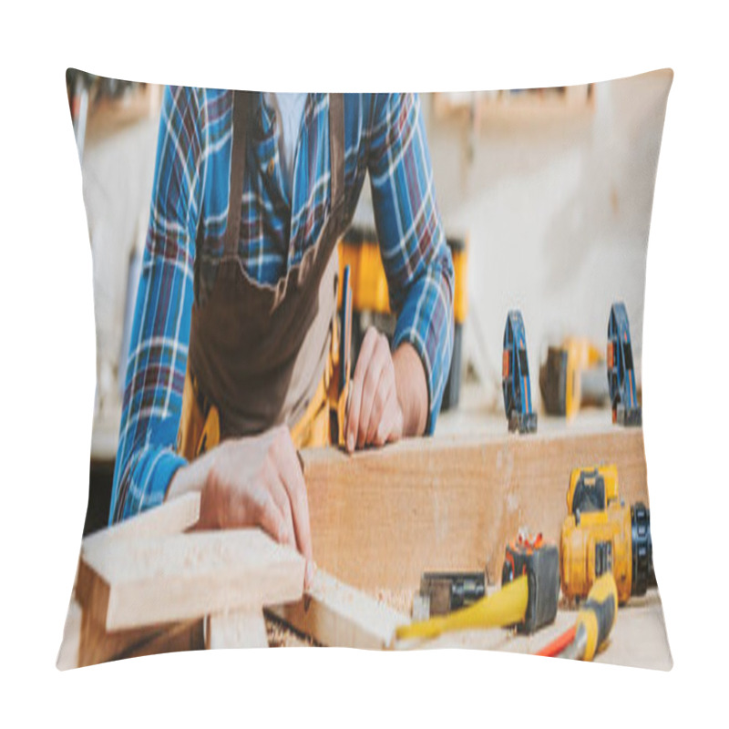 Personality  Panoramic Shot Of Carpenter Touching Wooden Dowel  Pillow Covers