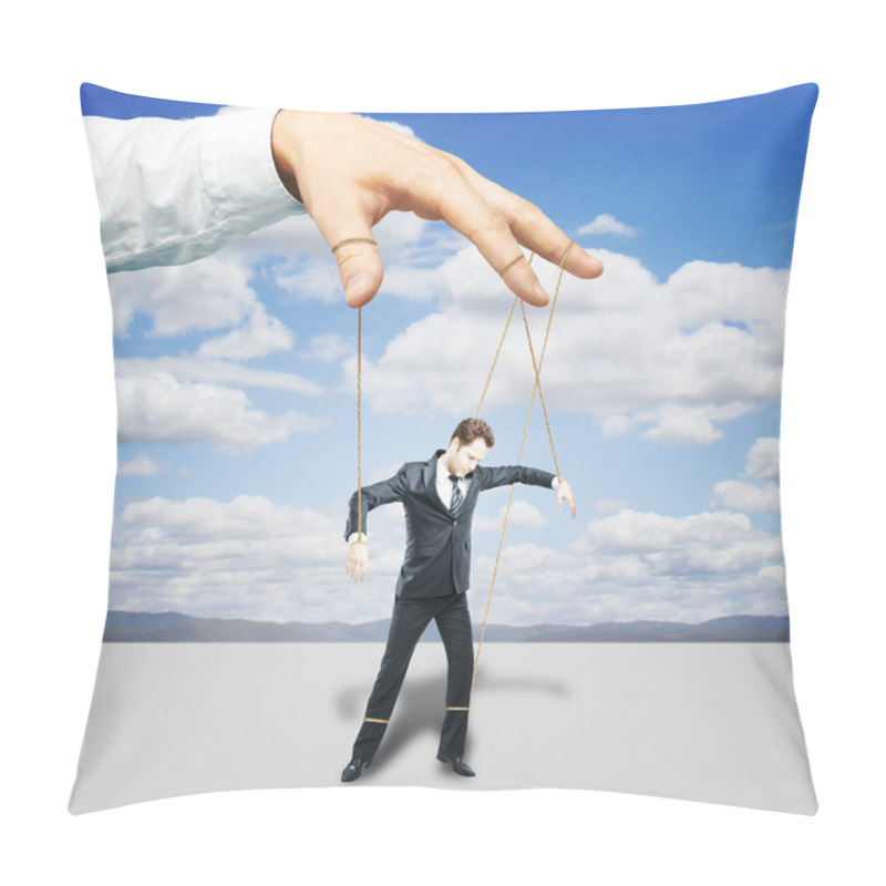 Personality  Hand Controlling Businessman As Puppet On Sky Background. Control Concept Pillow Covers