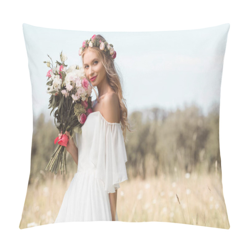 Personality  Beautiful Young Bride Holding Wedding Bouquet And Smiling At Camera Outdoors   Pillow Covers